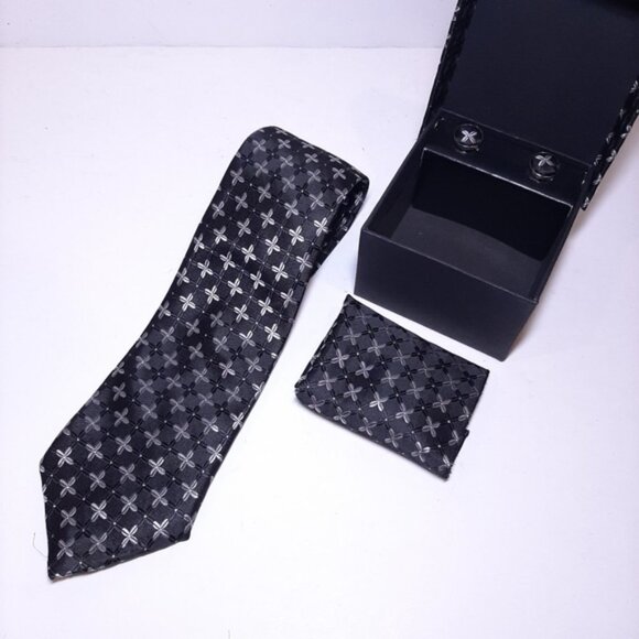 NEW 3-Pc Boxed Gift Tie Set Coordinated Print Cuff Links Pocket Square - Picture 5 of 8